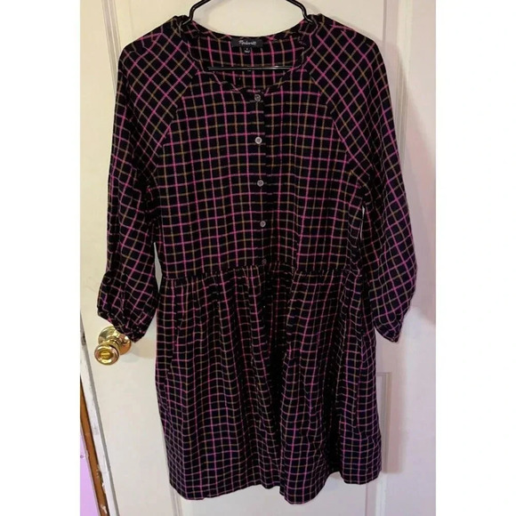 Madewell Raglan Flannel Button Front Plaid Shirt Dress 3/4 Sleeve Cotton Sz 4 - Picture 1 of 6